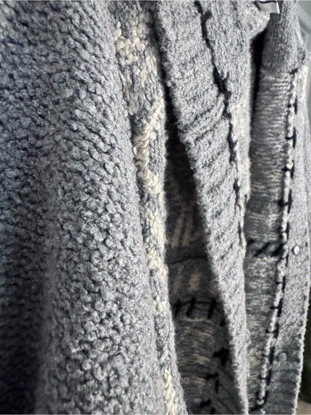 J.Jill Hooded Fair Isle Cardigan Sweater Size Medium Gray Cream - Picture 8 of 10